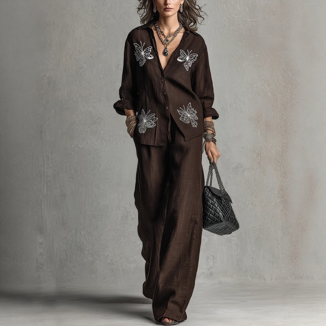 Loose-fit Butterfly-embroidered Blouse And Wide-leg Pants Set For Women